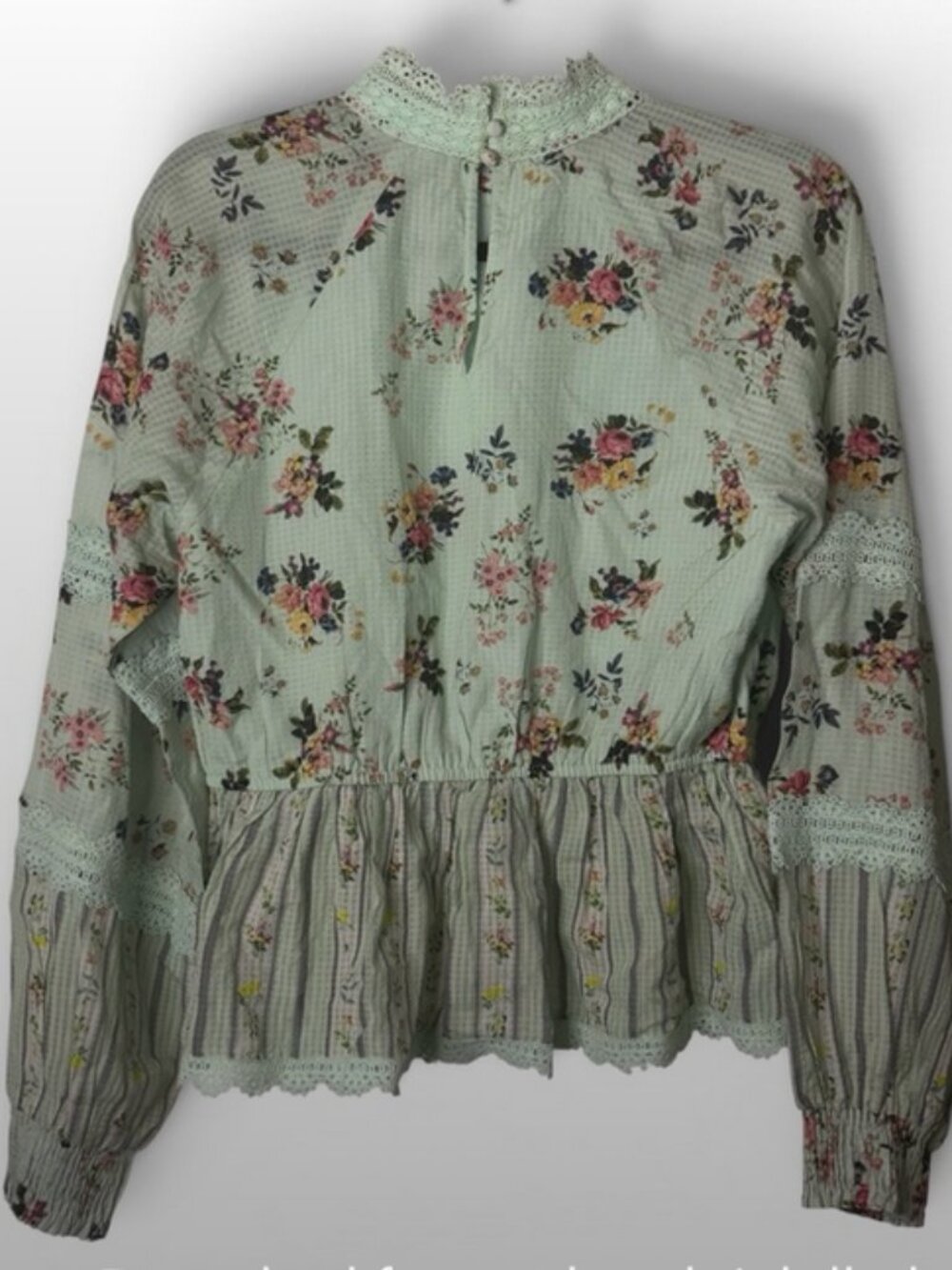 Hemant & Nandita Amour Floral Lace Mock Neck Blouse Mint Green Boho Top Size S - Picture 3 of 4